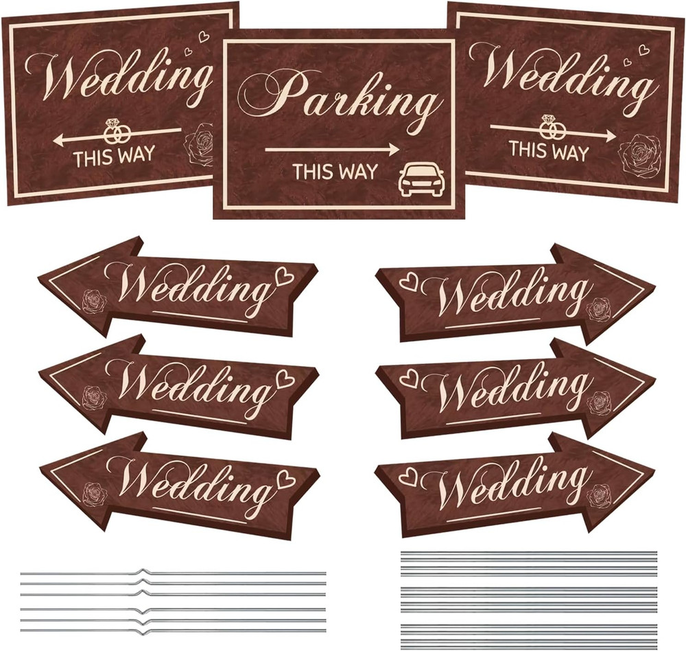 Wedding Direction Signs, 9-Piece Double-Sided Set with 2 Wedding This Way Signs,