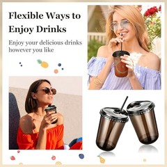 Set Clear Plastic Cups with Sip Lids & Straws, Disposable Round 16oz 100 Black