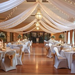 Whiteceiling drapeswith string lights 6-panel design,each panel 5 feet x 10 feet