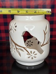 Vintage Pierced Ceramic Tealight Candle Holder Cutout Bird Branch Leaves Decor