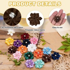 100 Pcs Ribbon Flowers, 1.2 in Fabric Flowers with Rhinestones, Dark Brown