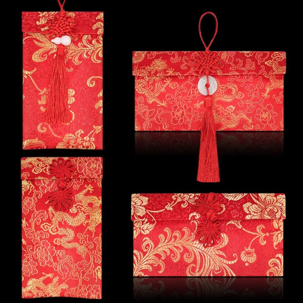 4 Pieces Silk Red Envelope Chinese Pocket Lucky Money Hong One Size,