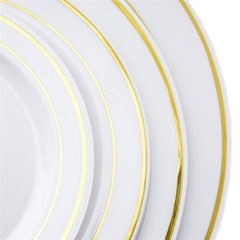 Plastic WHITE with Gold Rim 8″ PLATES Disposable Party Wedding WHOLESALE