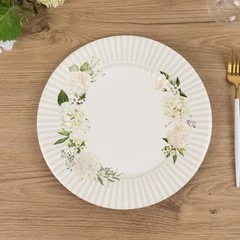 25 WHITE SAGE GREEN Dinner Paper Plates with Floral Lined Rim Decorations