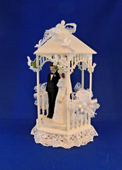 New Elegant Gazebo Wedding CakeTop, porcelain couple, pale blue #386