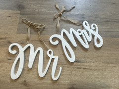 Mr & Mrs sign for wedding chairs White Cursive Burlap