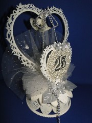 New 25th Wedding Anniversary Double Heart & Bells, silver flowers caketop #46
