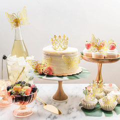 9 Pack Crown Cake Toppers Mini Tiara 3D Gold Butterfly Decoration Vintage Pearl