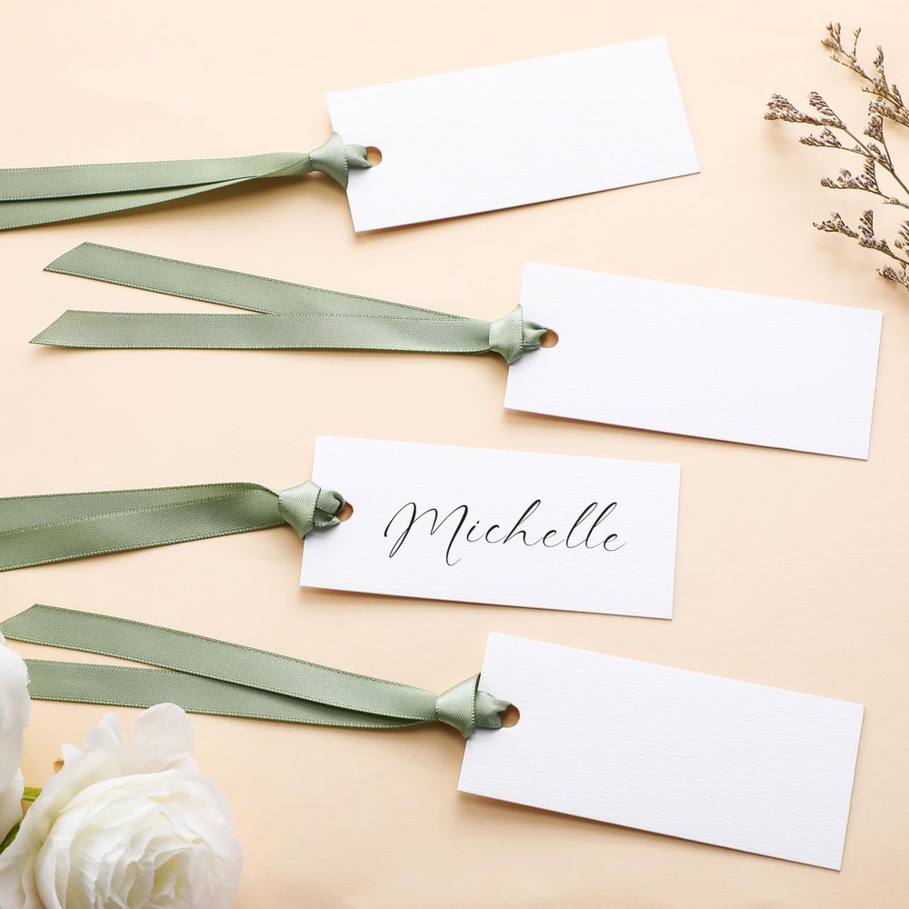 50 PCS 1.57 x 3.54 Inch Blank Table Name Place Cards Sage Green Satin Tags