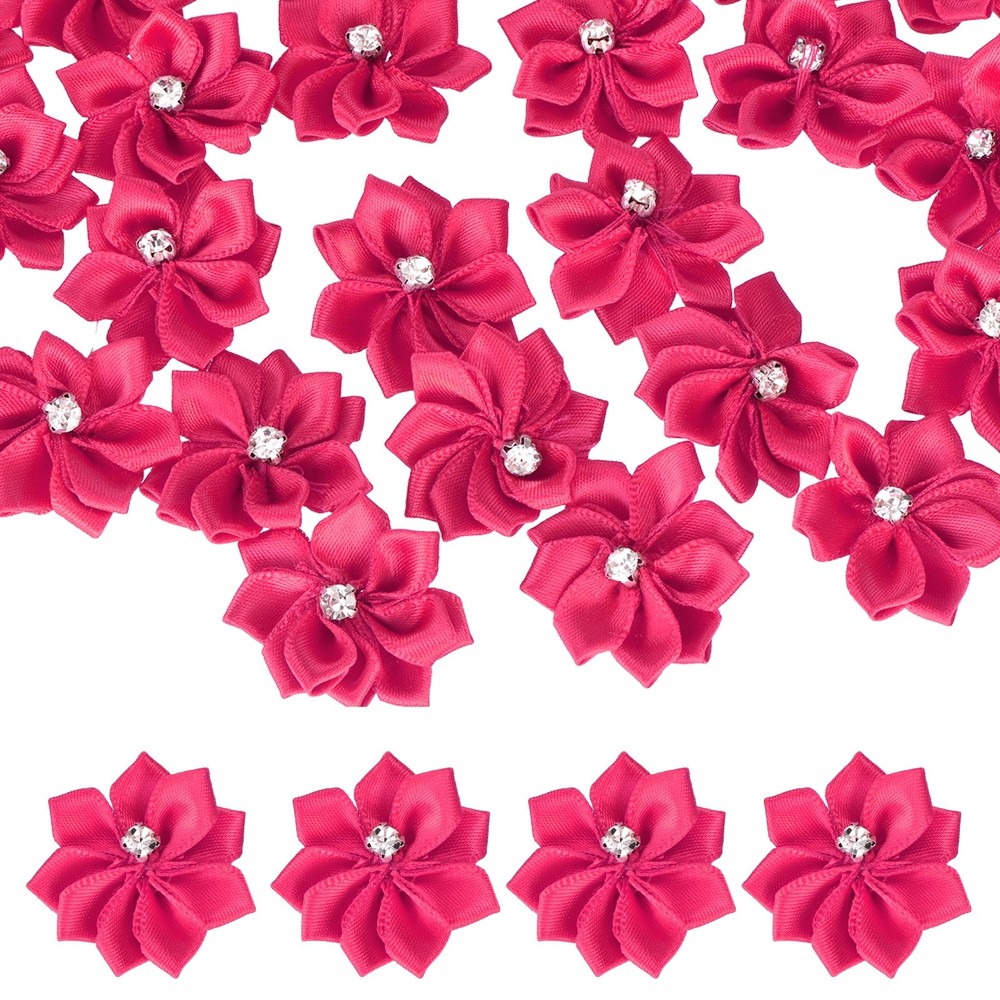100 Pcs Ribbon Flowers, 1.2 in Fabric Flowers with Rhinestones, Rose Red
