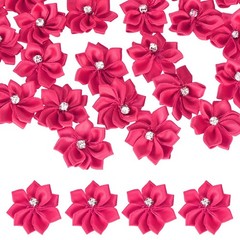 100 Pcs Ribbon Flowers, 1.2 in Fabric Flowers with Rhinestones, Rose Red