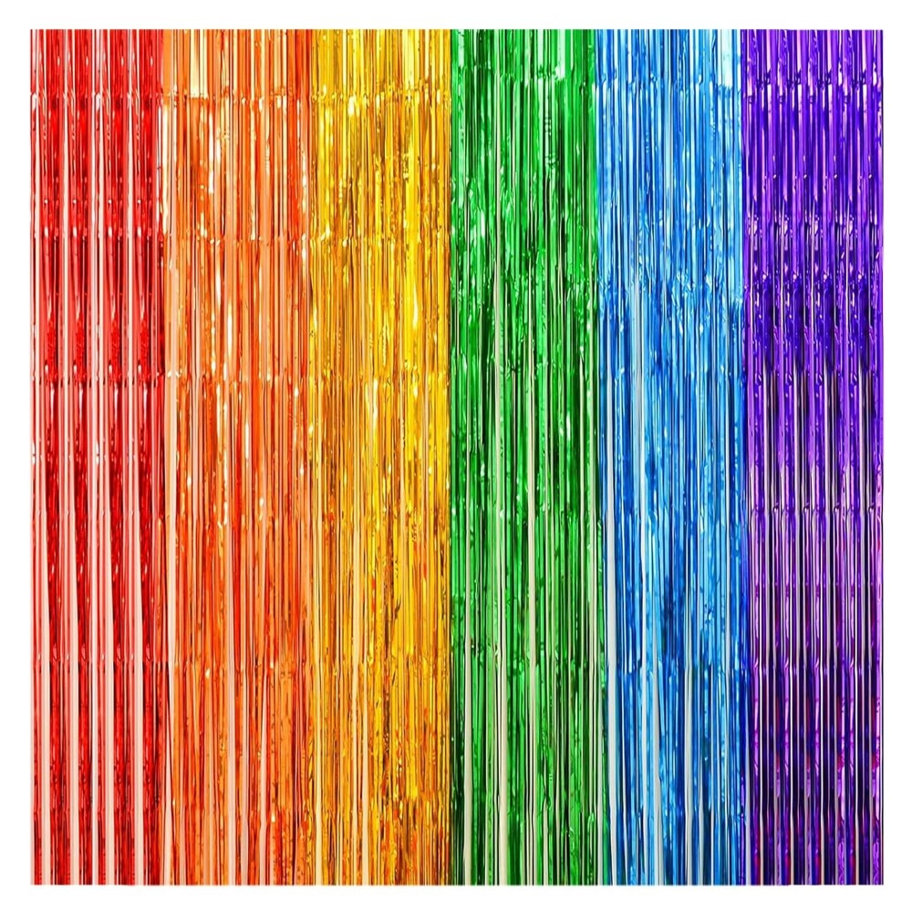 2 Pack Rainbow Foil Fringe Curtains, 3.3×6.6 Ft Metallic Tinsel Backdrop Part…