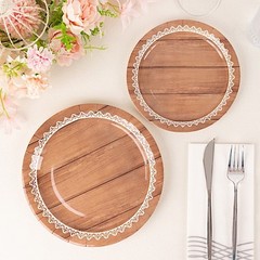 25 BROWN 9″ Wood Print Floral Lace Paper Salad Dinner PLATES Party Decorations