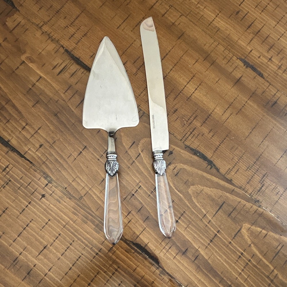 2pc Stainless Steel Cake Knife & Server Set, Clear Solid Plastic Handles