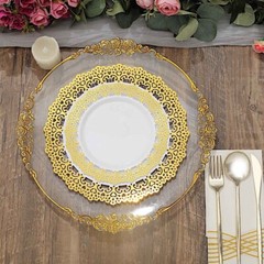 10 WHITE 10″ Round Plastic Salad Dinner PLATES Gold Lace Rim Party Decorations