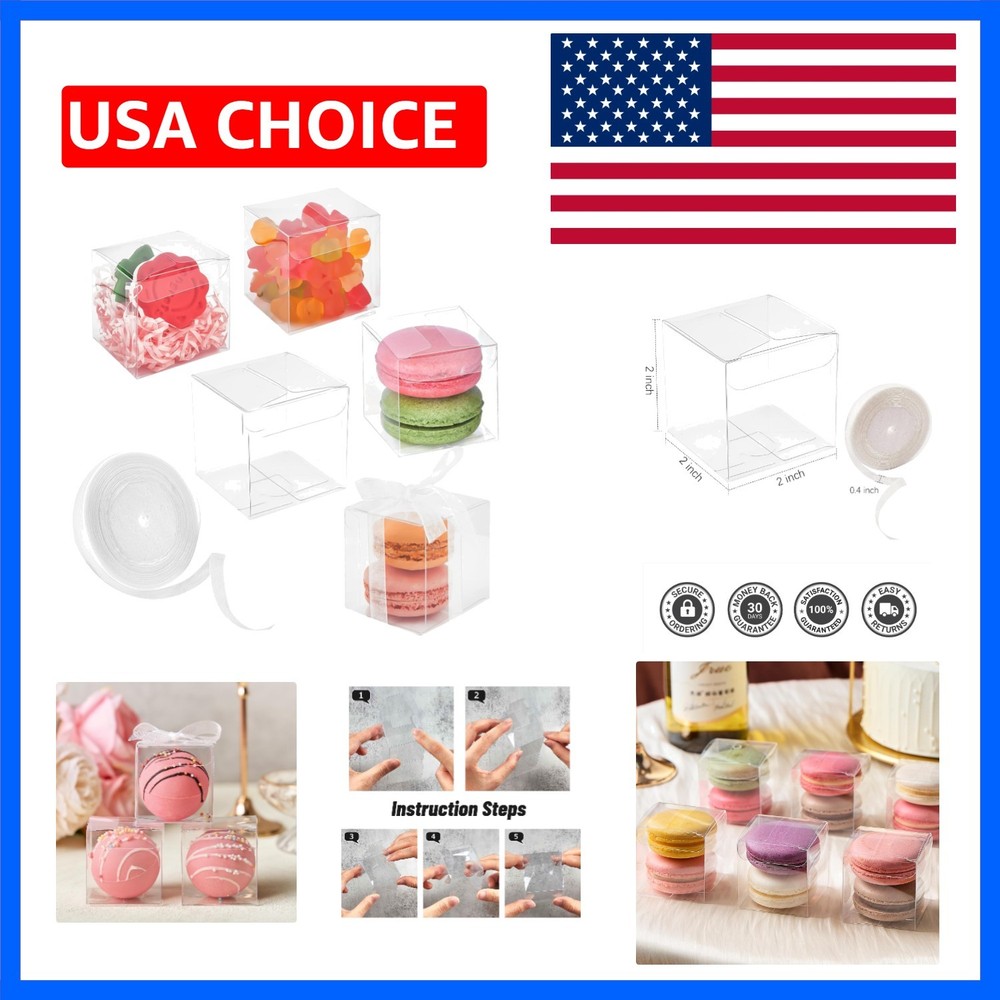 100 Pack 2x2x2 Inches Clear Favor Boxes with Ribbons, Mini Transparent Cube T…