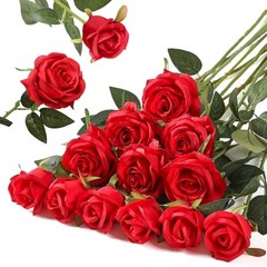 12PCS Artificial Silk Flowers Realistic Roses Bouquet 6 Flowers 6 Buds Red