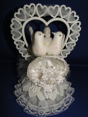 New Elegant Wedding Sparkling White Love Birds Cake topper / heart & bell #189