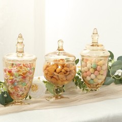 3 pcs 9″ 10″ 11″ tall AMBER GOLD Glass Apothecary Jars with Lids Wedding Favors
