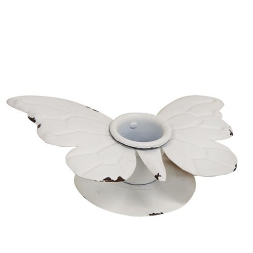 NEW SHABBY WHITE BUTTERFLY Taper Candle Holder 4.5″W Metal Chippy Cottage Chic