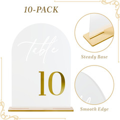 Frosted Wedding Table Numbers 1-10 with Stands, Elegant Gold 3D Arch Signs with