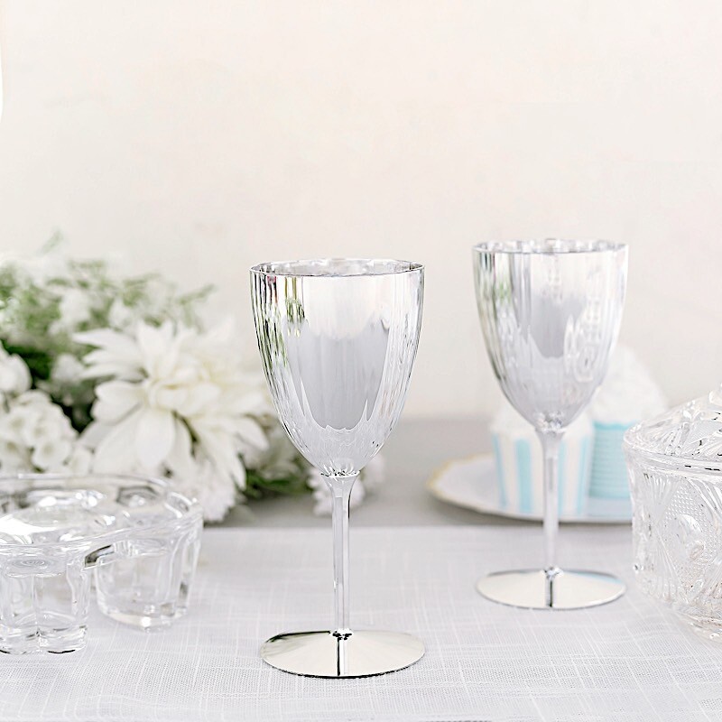 Silver Metallic Plastic 8 oz Wine Glasses Disposable Party Events Wedding Bar