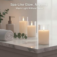 Glass Flameless Candles with Remote, White Battery Operated Clear Glass