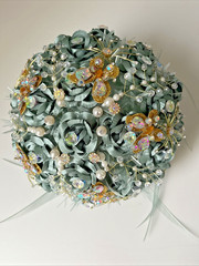 Bridal Wedding Bouquet Sea Foam Green Pearls Floral Embellished & Corsage