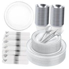 350PCS Clear Plastic Plates with Trim for 50 Guests, 50 Guests Set Silver