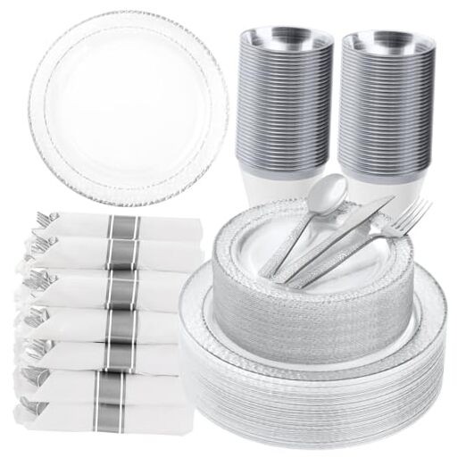 350PCS Clear Plastic Plates with Trim for 50 Guests, 50 Guests Set Silver