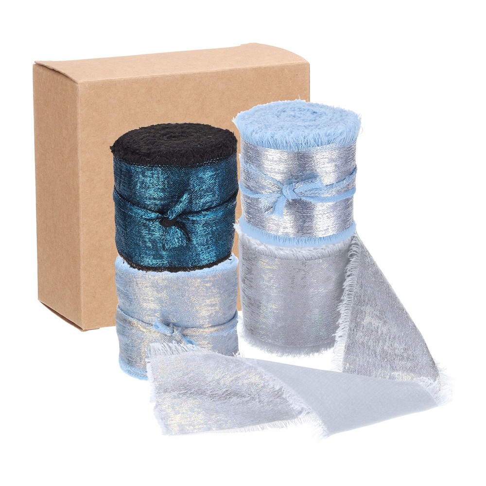 4pcs Chiffon Ribbon, 1″x5 Yard Silk Ribbon, Blue Glitter Fabric Ribbon
