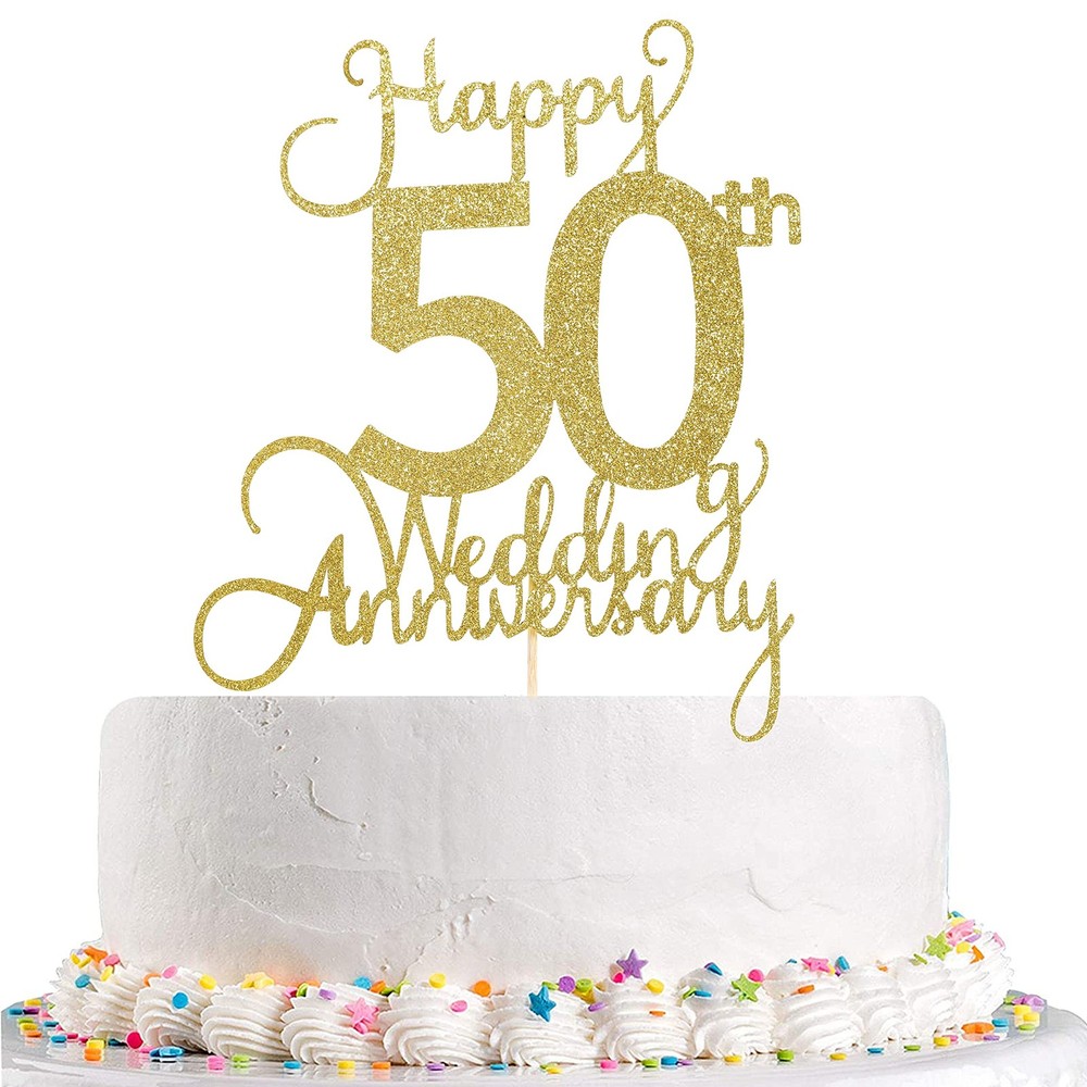 Wedding Anniversary Cake Topper – 50th Party Decoration, Gold