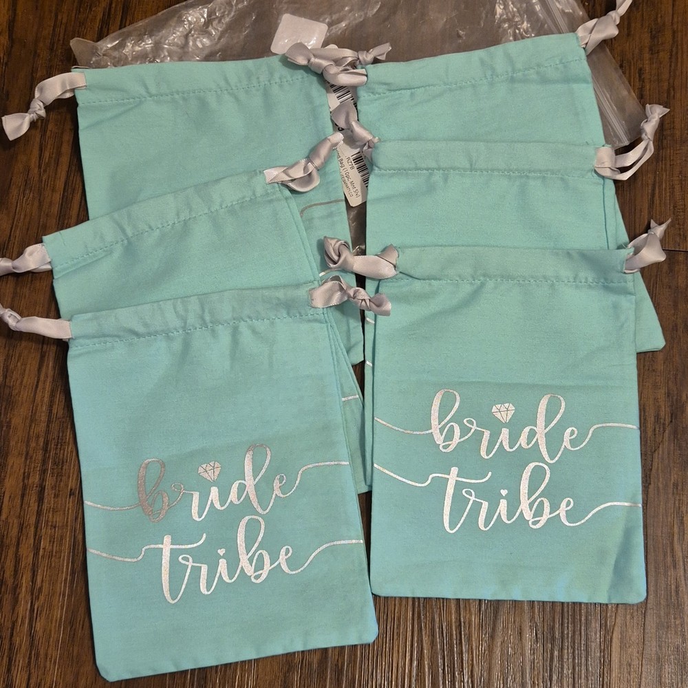 Life Is A Party Bride Tribe Mint Silver Drawstring Bags Wedding Favor Set 6pc