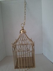 Gold Finish Metal Heart Bird Cage+Adj Hanging Chain Wedding Card Holder Planter