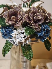 Beaded Flower Wedding Bridal Bouquet W/White Blue Purple Handmade Flowers