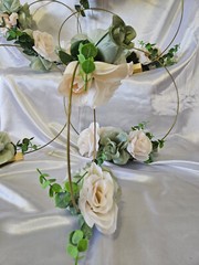 6 Pc Wedding Table Centerpieces, Green, Ivory, Round, Circle, Gold, Wood