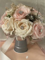 Pink And White Quinceañera Wedding Bouquet With Rhinestones And Ribbons