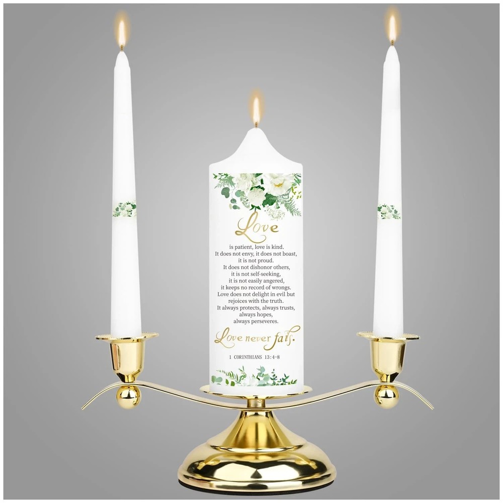 3 Unity Floral Candles for Wedding Ceremony Set with Golden Holder, Wedding