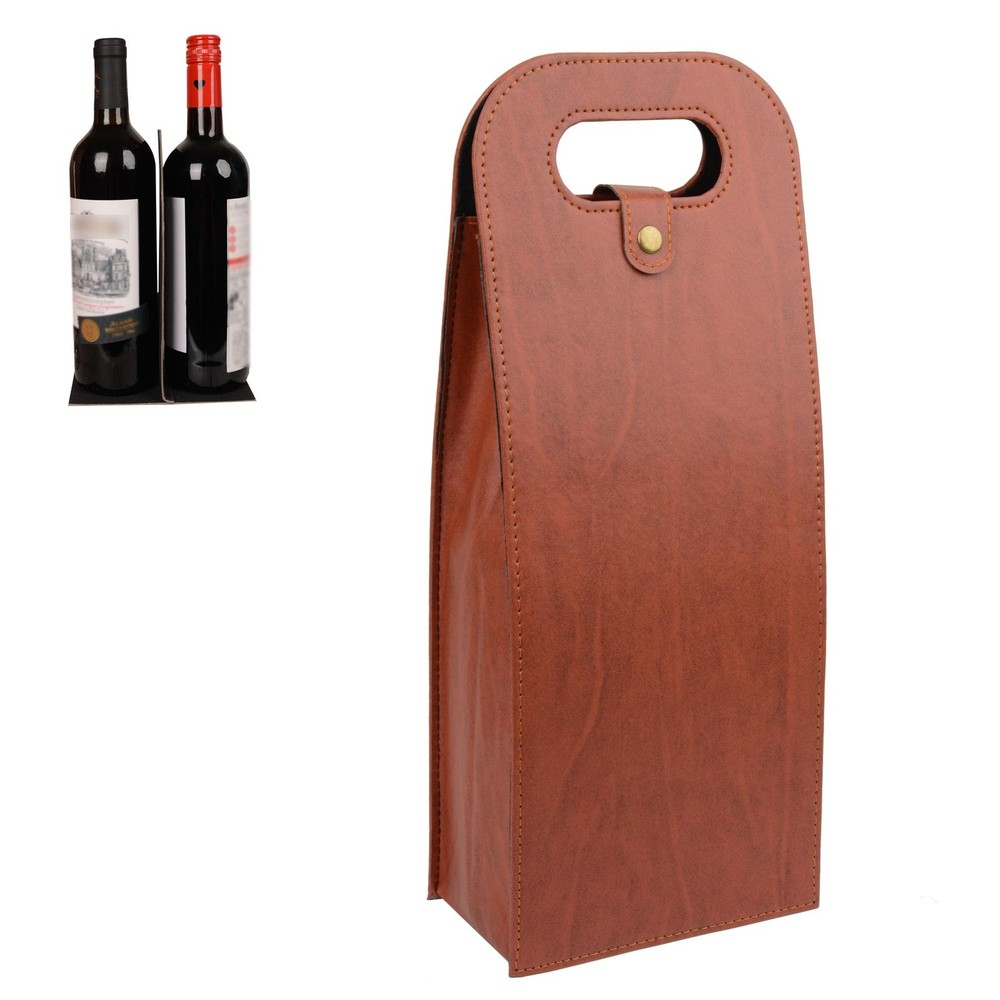 Brown Portable 2 Bottle PU Leather Wine Tote Carrier Insulated Cooler Bag