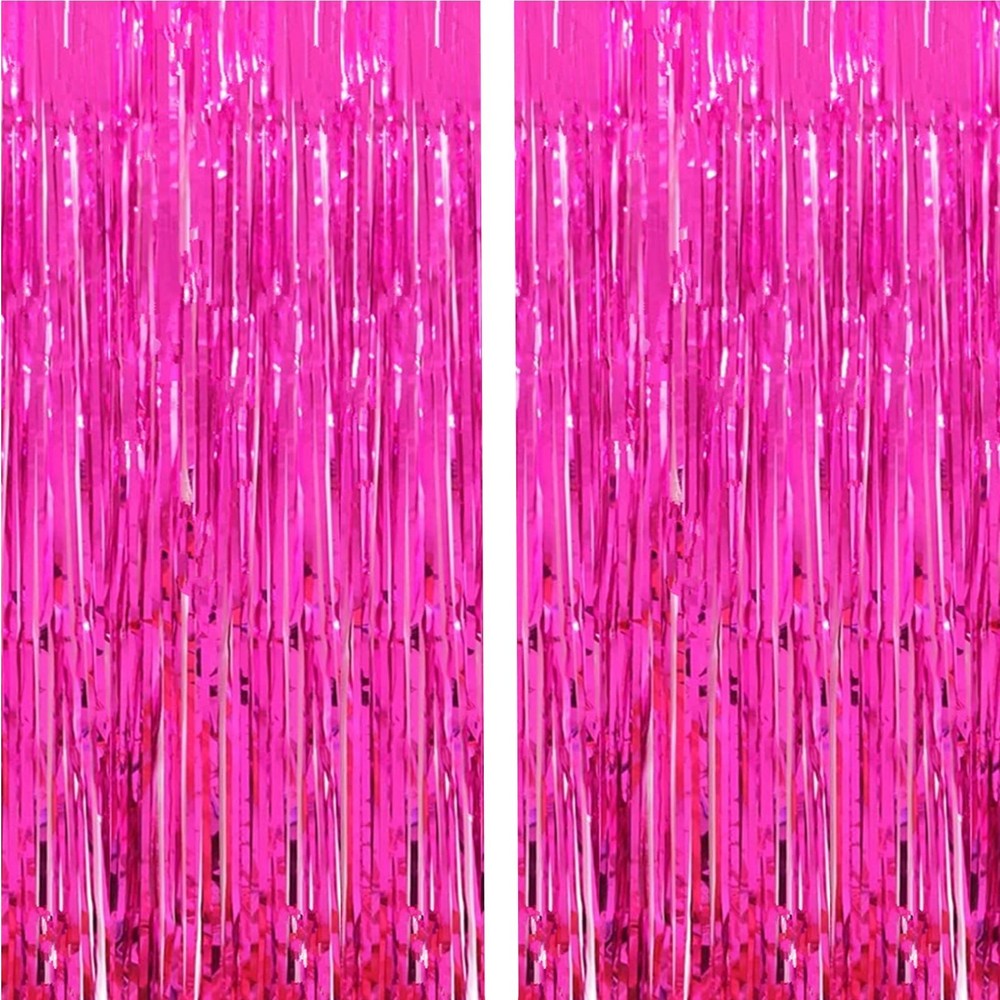 2 Pcs 3.2ft x 8.2ft Shiny Hot Pink Metallic Tinsel Foil Fringe Curtains Photo…