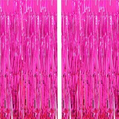 2 Pcs 3.2ft x 8.2ft Shiny Hot Pink Metallic Tinsel Foil Fringe Curtains Photo…