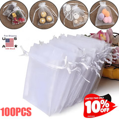100Pcs Sheer Organza Bags White Wedding Favor Candy Bags with Drawstring 4 x 5″