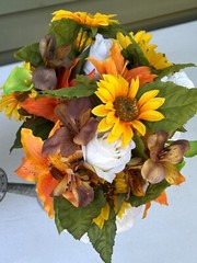 24 Orange, Brown, yellow, white, green, floral wedding centerpieces & burlap.