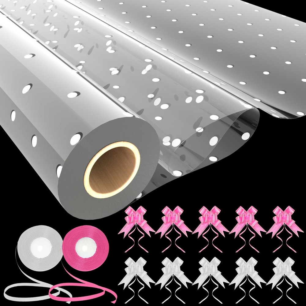 White Dot Cellophane Wrap for Hampers 100′ x 31″ with 10 Pull Bows and 2 Ribbon