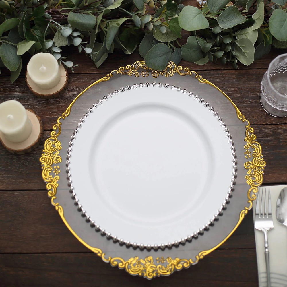 WHITE SILVER 10 Round 10″ Plastic Salad PLATES Beaded Rim Party Events