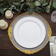 WHITE SILVER 10 Round 10″ Plastic Salad PLATES Beaded Rim Party Events