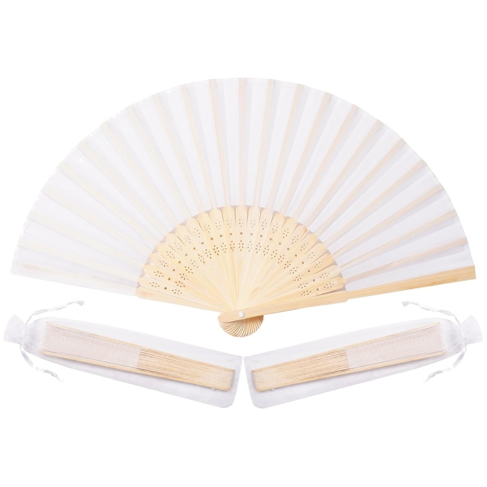 50pc White Fabric Bamboo Hand Fans w/ Organza Bags