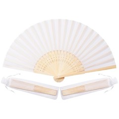 50pc White Fabric Bamboo Hand Fans w/ Organza Bags