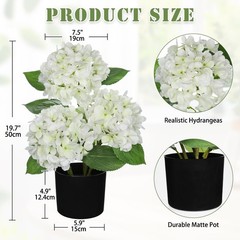 Hollyone White Hydrangea Artificial Flowers in Pots 19.7″ Faux Silk Hydranges…
