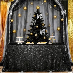 Fanqisi Black Sequin Table Cloth Skirt Party 132″ x 90″ (Rectangular),